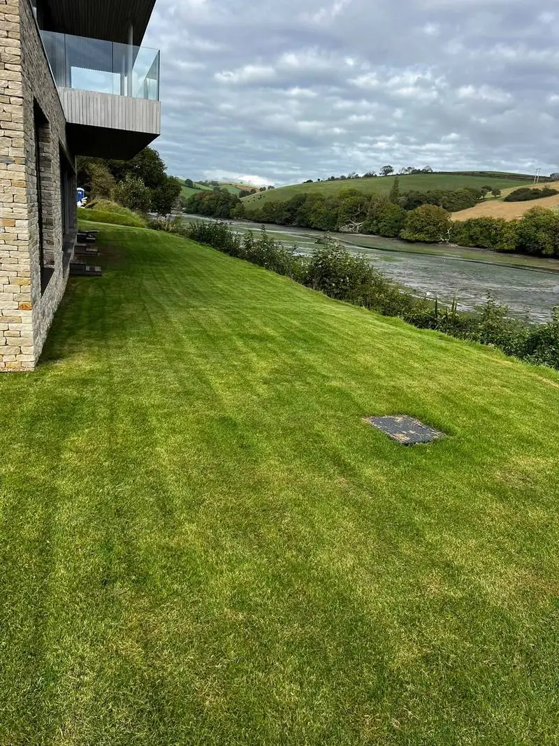 Mown lawn beside a stone-clad house, running down towards the estuary